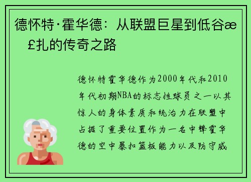 德怀特·霍华德：从联盟巨星到低谷挣扎的传奇之路